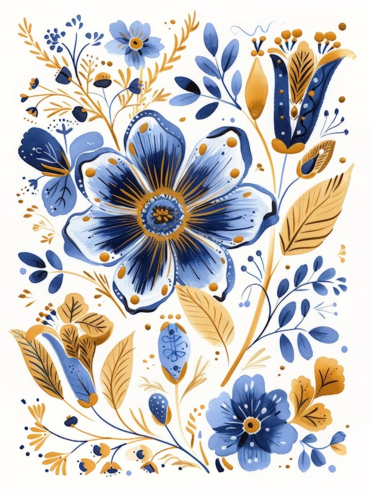 Blue And Gold Floral Print 1
