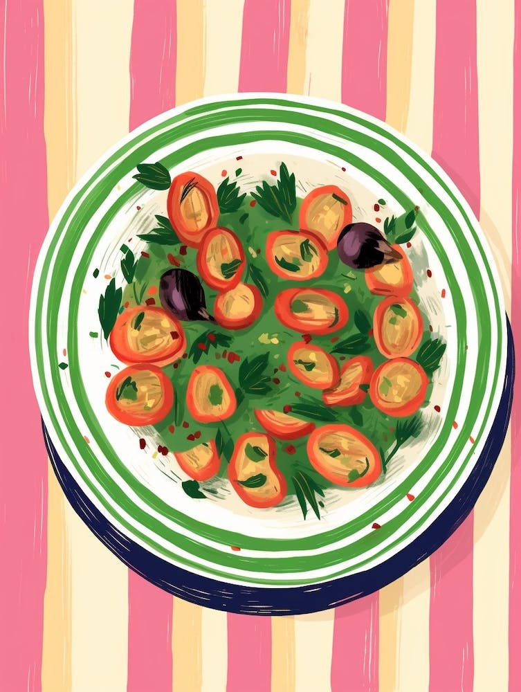 A Plate Of Tomatoes Salad, Top View Food Illustration 4