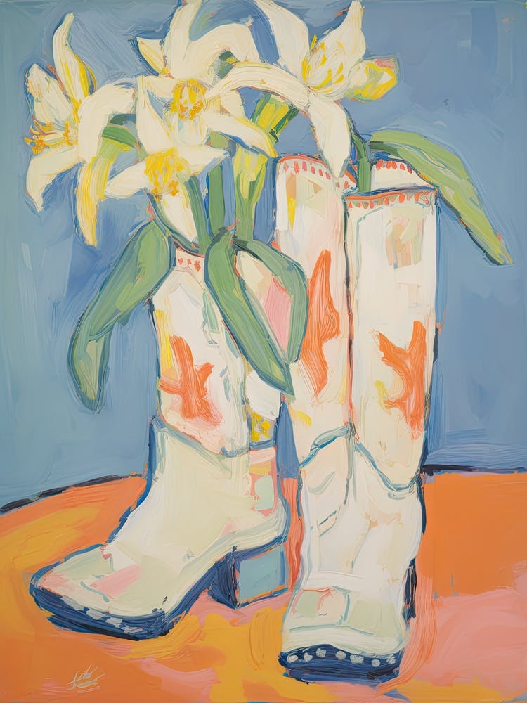 Painting Of White Flowers And Cowboy Boots, Oil Style 1