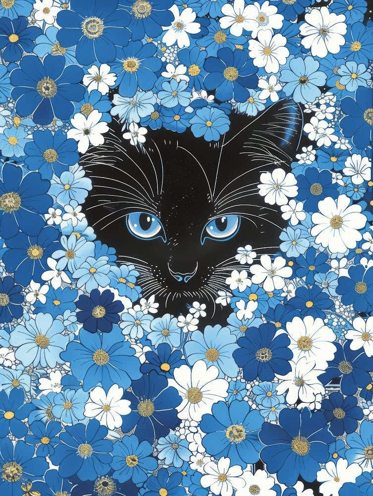 Black Cat In Blue Flowers 6