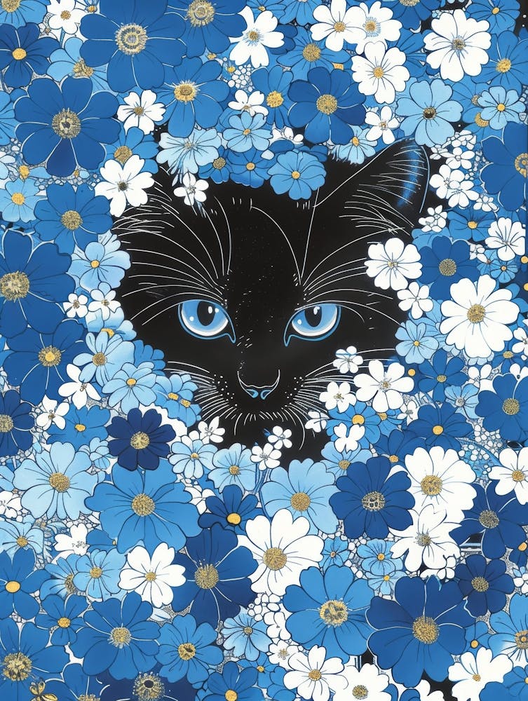 Black Cat In Blue Flowers 6
