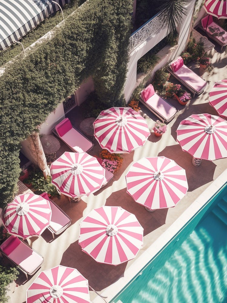 Pink Umbrellas By The Pool