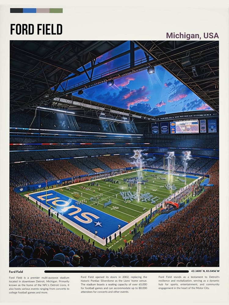 Ford Field Print Detroit Lions Poster Nfl Art Nfl Stadium Poster Digital Oil Painting Modern Art Digital Travel