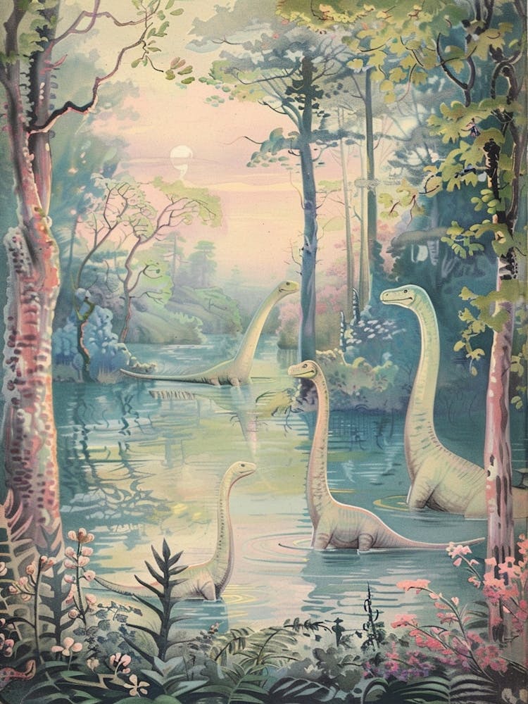 Brachiosaurus Family Bathing In The River Storybook Painting 2