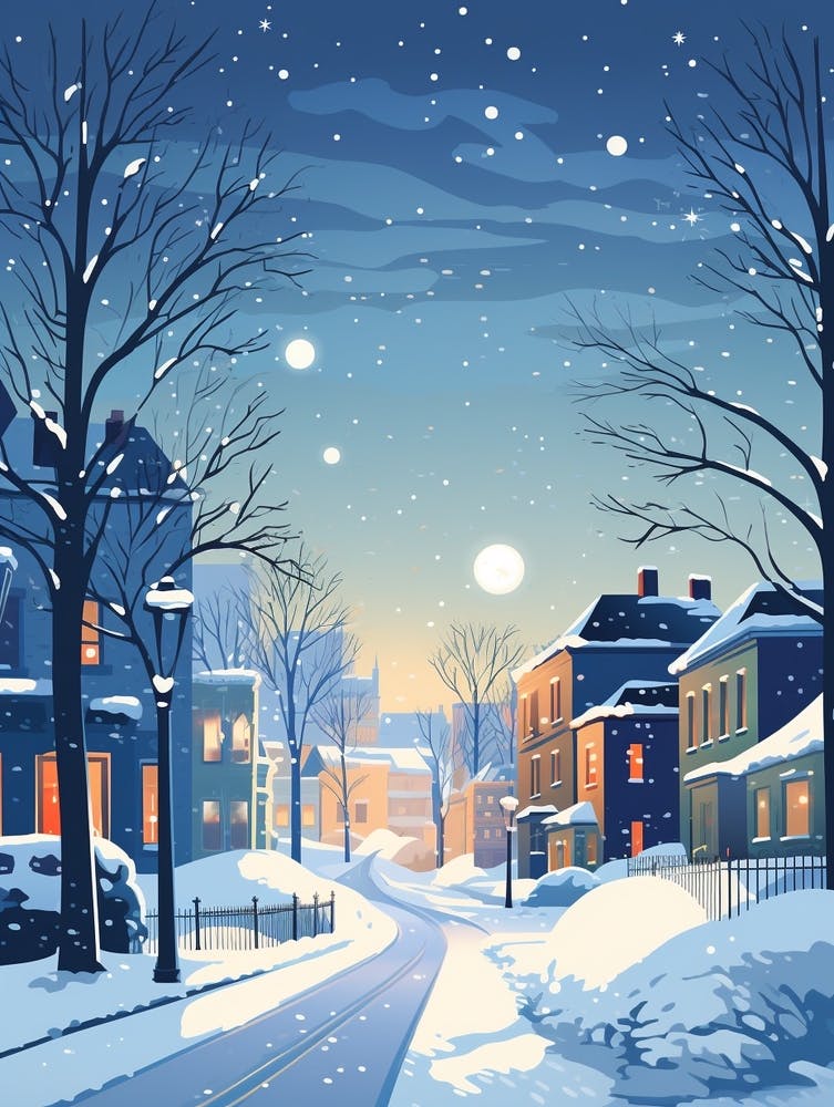 Winter Travel Night Illustration Boston Usa 2