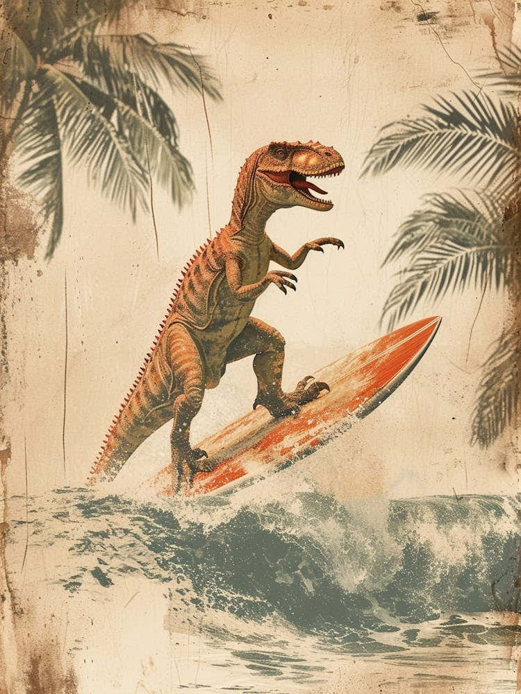 Vintage Iguanodon Dinosaur On A Surf Board  3