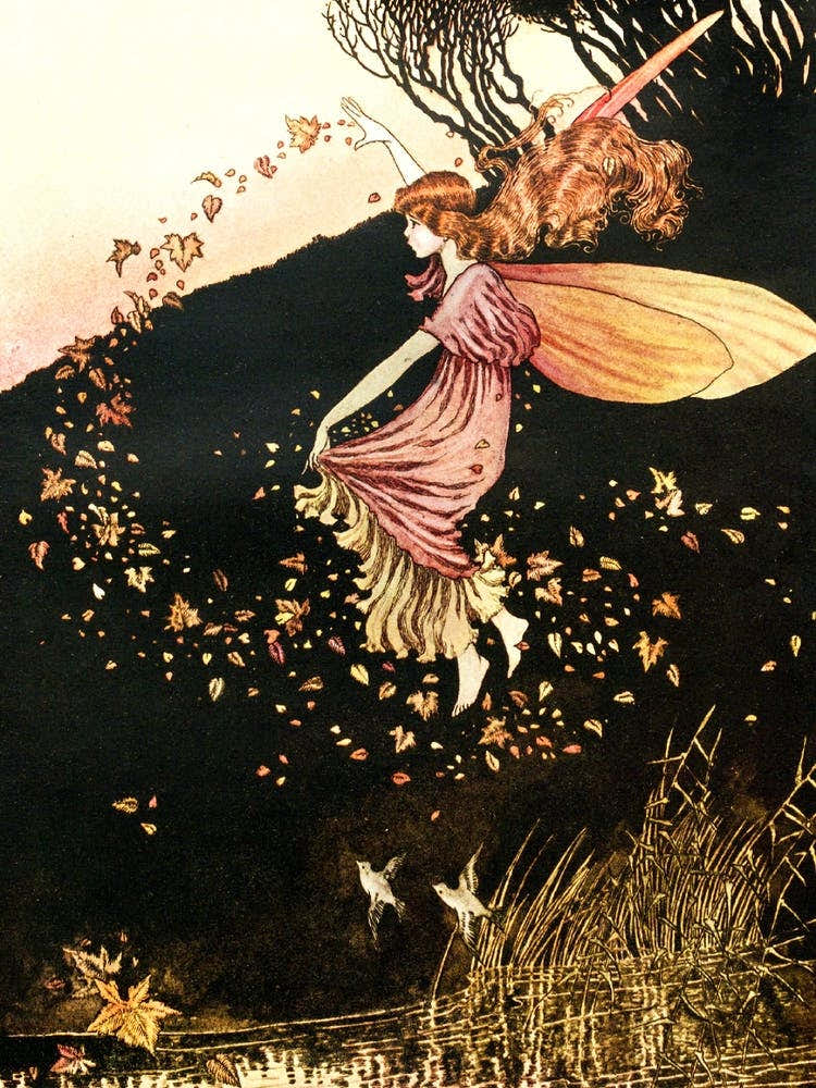 The Autumn Fairy by Ida Rentoul Outhwaite - 1919 Fairyland Famous Vintage Illustration Witchy Fairycore Cottagecore Beautiful Fall Leaves Fairy Scattering Magic