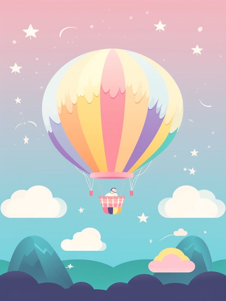 Hot Air Balloon With A Cat Kawaii Illustration 4