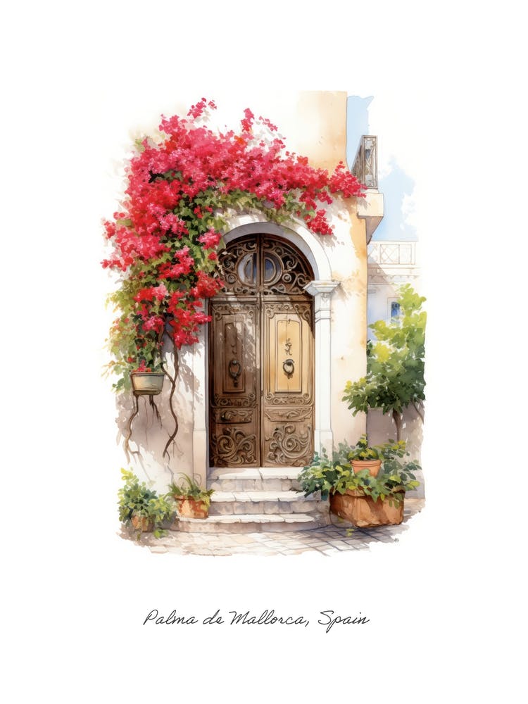 Palma De Mallorca, Spain   Mediterranean Doors Watercolour Painting 4 Poster
