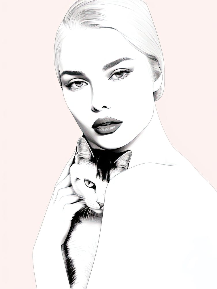 Black And White Portrait Of A Woman With Cat