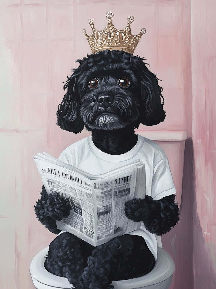 Black Cockapoo Wearing A Crown And Sitting On The Toilet
