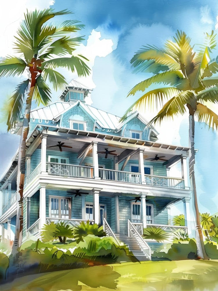 Watercolor House With Palm Trees