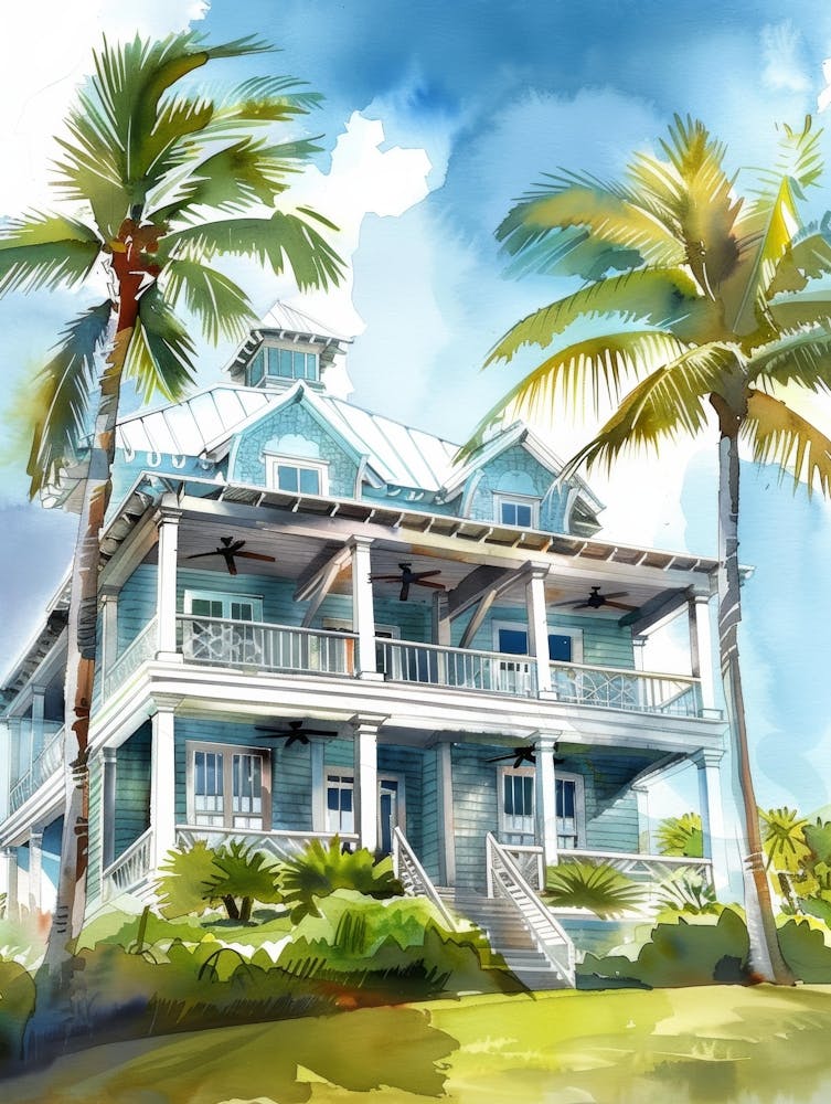 Watercolor House With Palm Trees