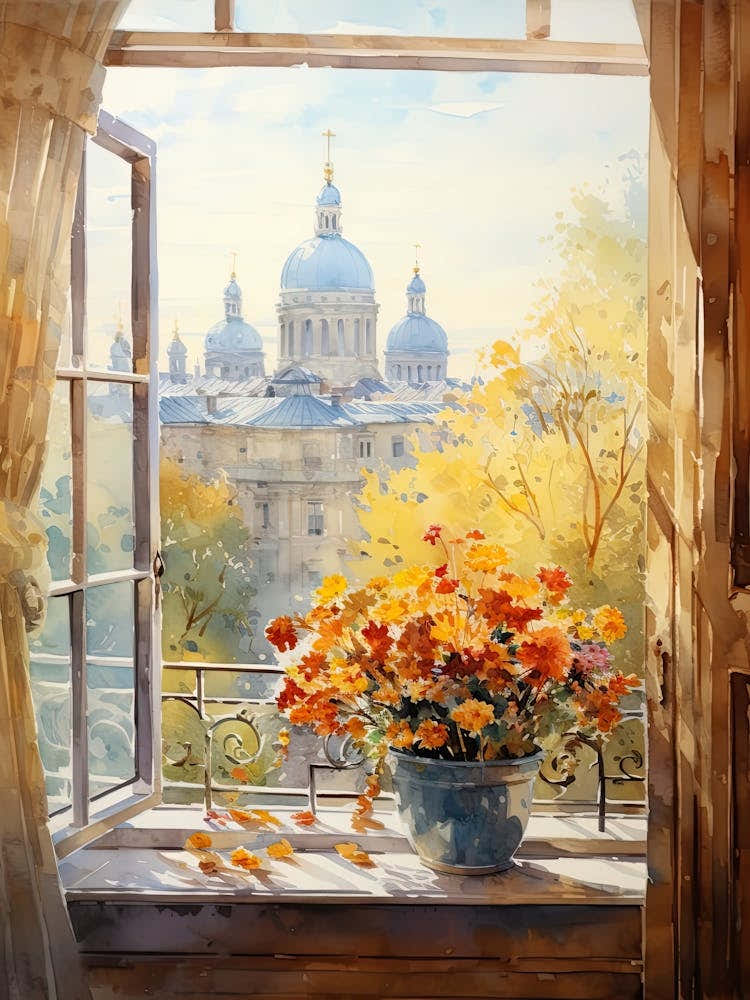 Window View Of Kiev Ukraine In Autumn Fall, Watercolour 3