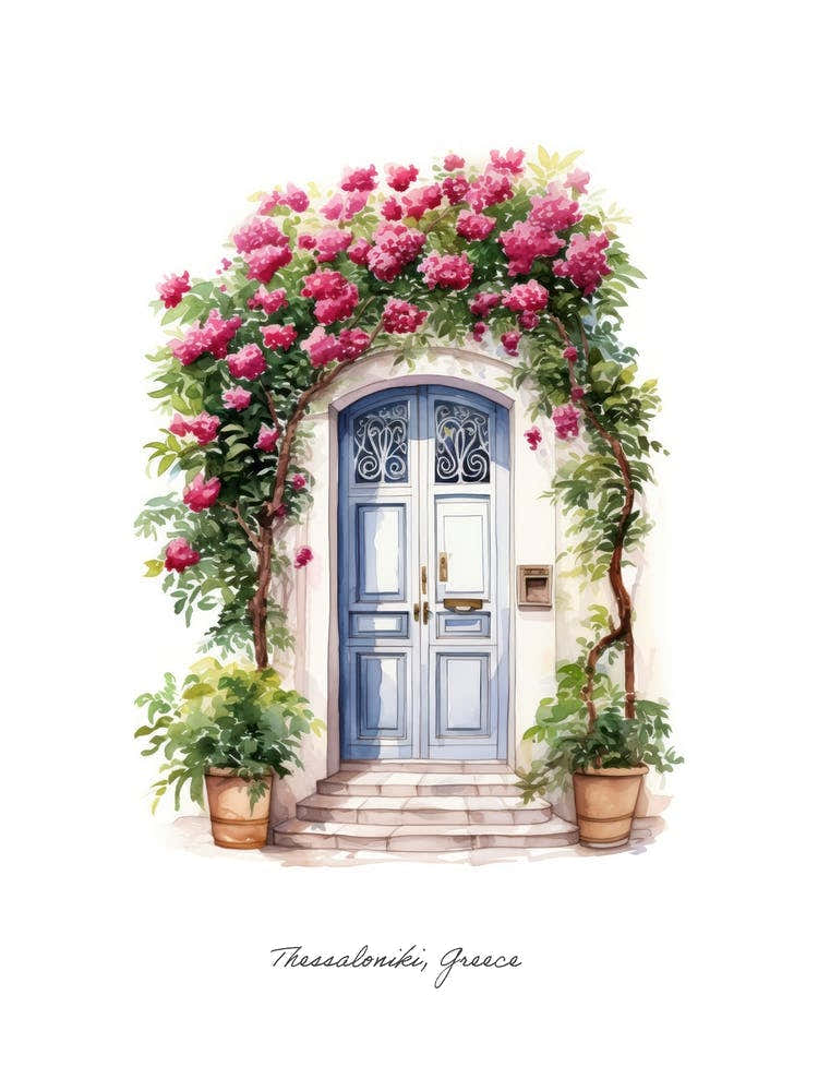Thessaloniki, Greece   Mediterranean Doors Watercolour Painting 3 Poster