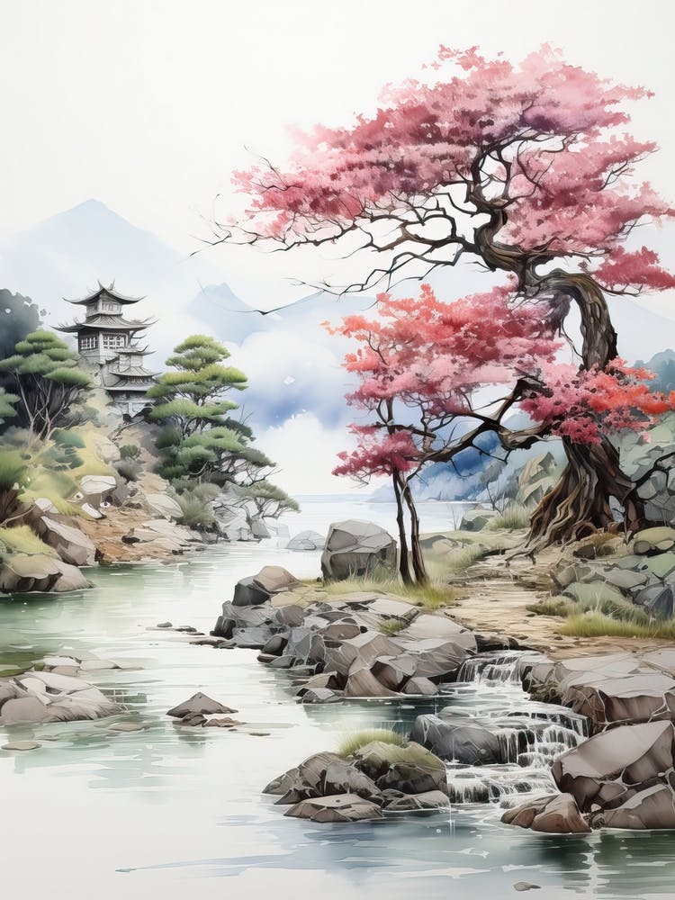 Ritsurin Garden In Kagawa, Japanese Brush Painting, Ukiyo E, Minimal 1