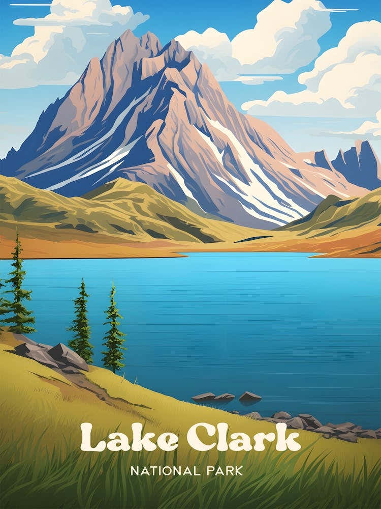 Lake Clark National Park Alaska Mountain Travel Illustration