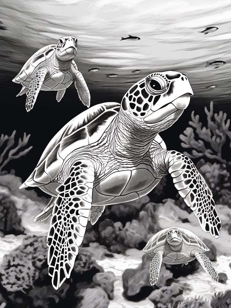 Black And White Detailed Sea Turtles Illustration