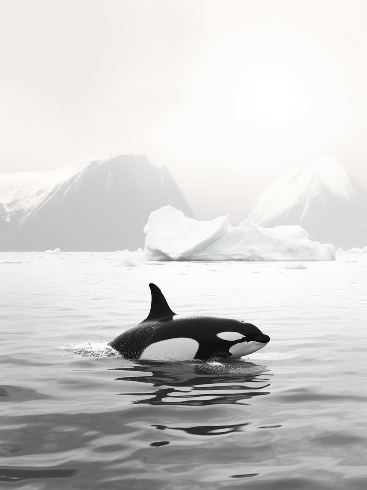 Black & White Photography Of Orca Whale With Iceberg