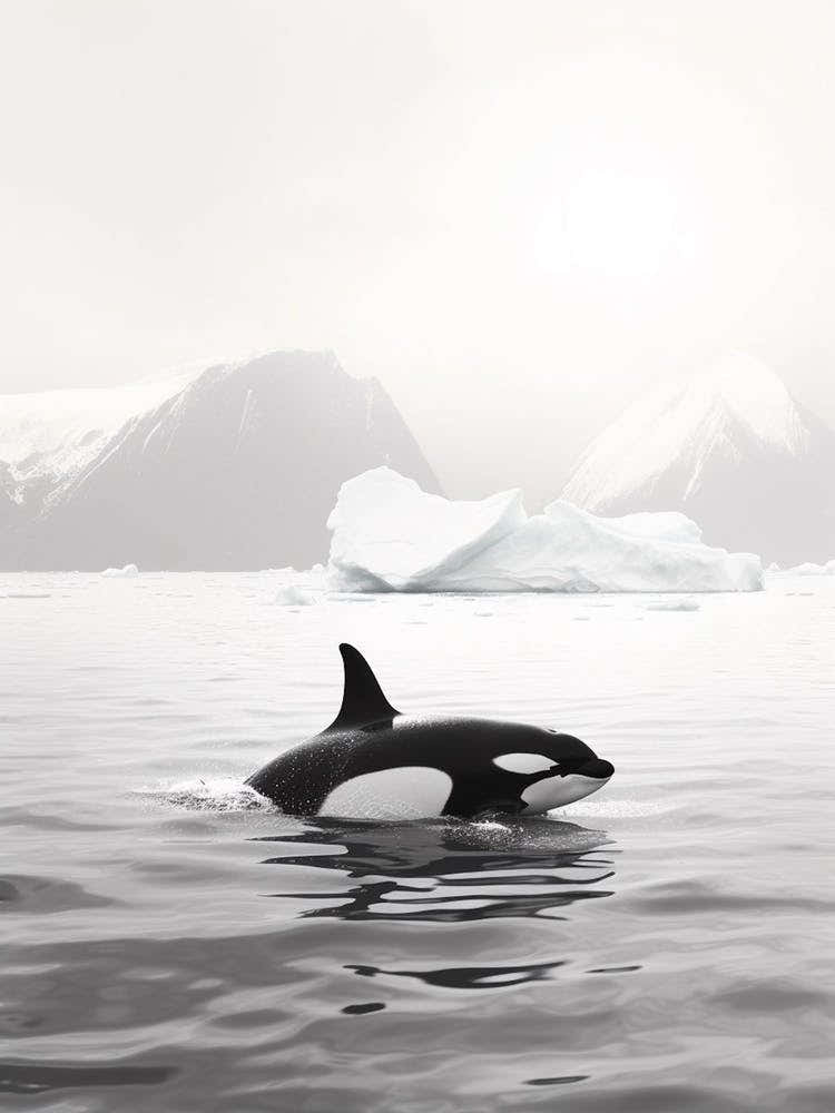 Black & White Photography Of Orca Whale With Iceberg