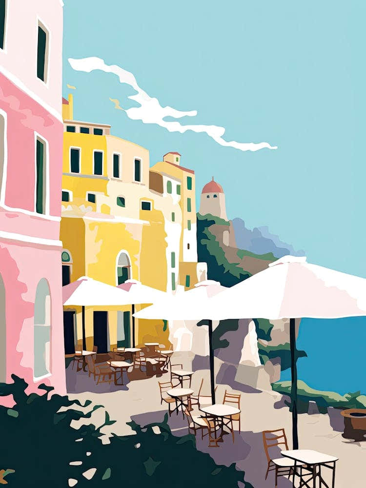 Sorrento, Italy, Flat Pastels Tones Illustration 1