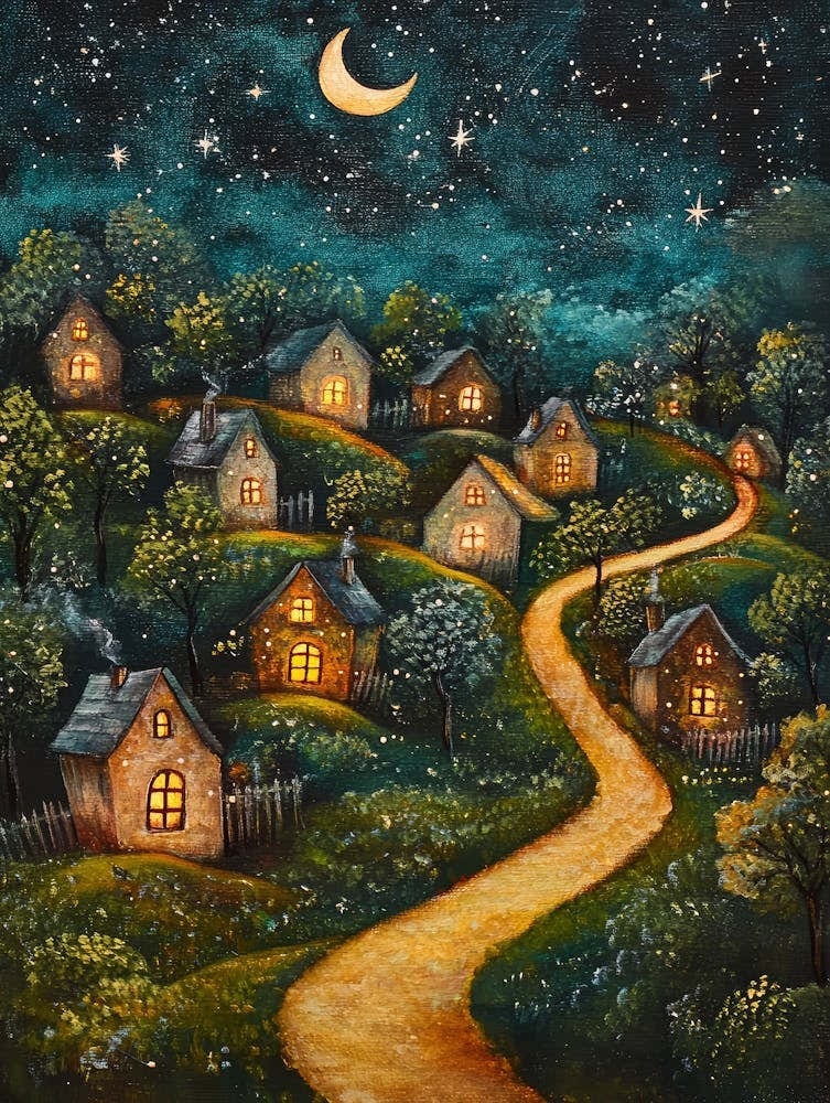 Village At Night With Stars and Moon In The Sky 2