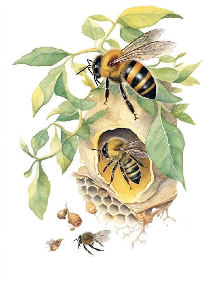American Bumble Bee Beehive Watercolour Illustration 1