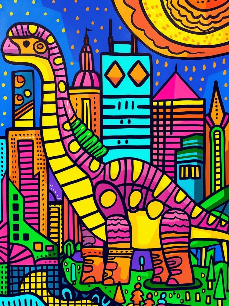 Cute Geometric Dinosaur Cityscape Abstract Illustration