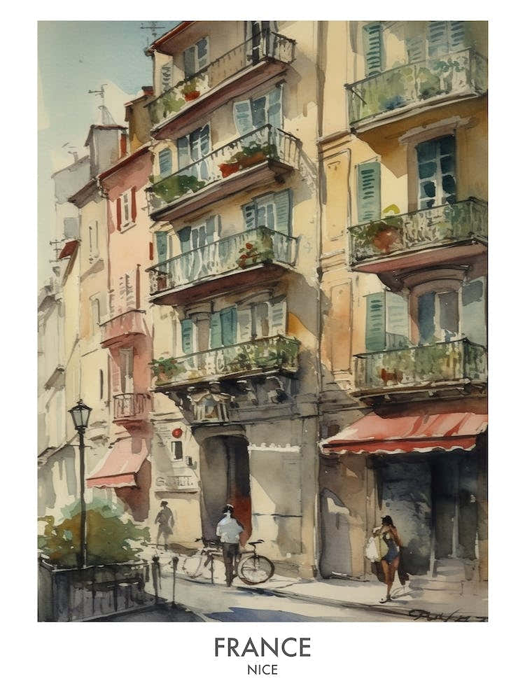 Nice, France 6 Watercolor Travel Poster