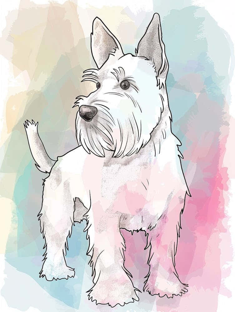 Scottish Terrier Dog Pastel Line Watercolour Illustration  4