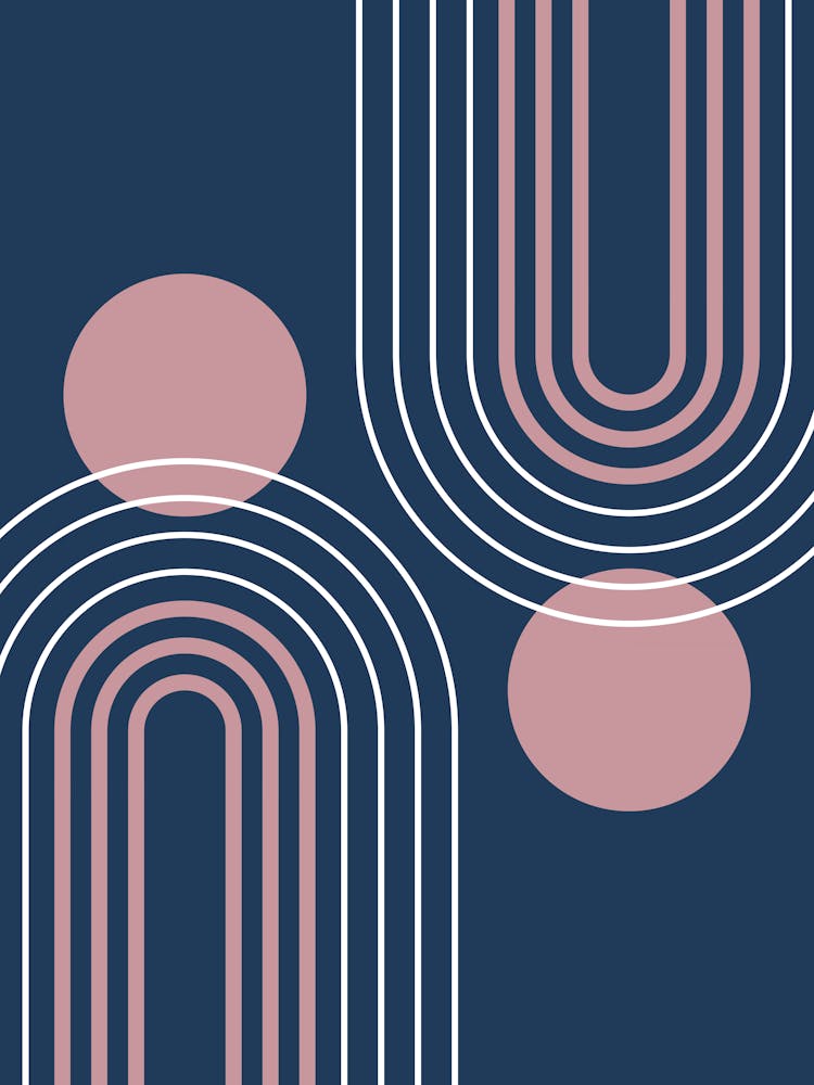 Mid Century Modern Geometric B28 In Navy Blue And Rose Gold (Rainbow And Sun Abstract) 01