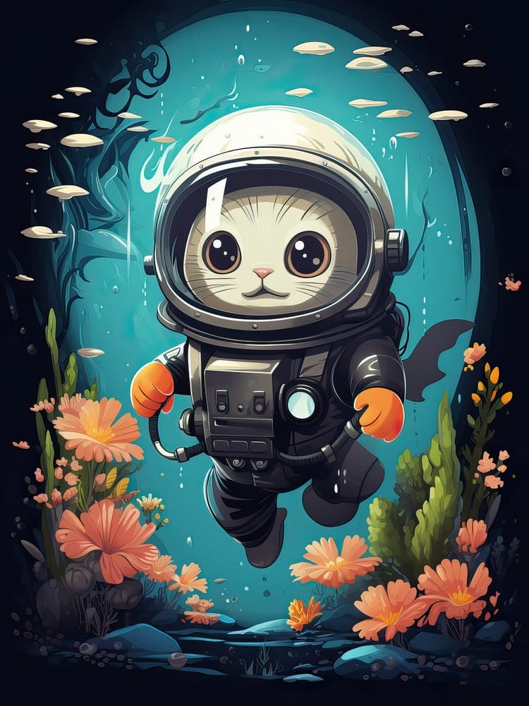 Kawaii Cat Drawings Scuba Diving 4