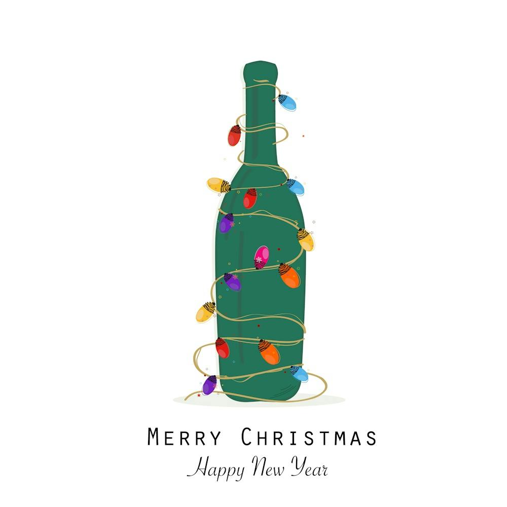 Christmas Green Champagne Bottle With Colorful Light Bulb Vector Greeting Card