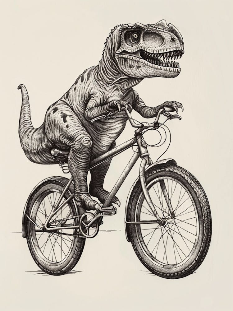 Dinosaur On A Bike Black Ink Illustration 1