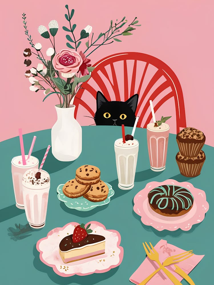 Whimsical Black Cat Peeking Over Colorful Table Setting