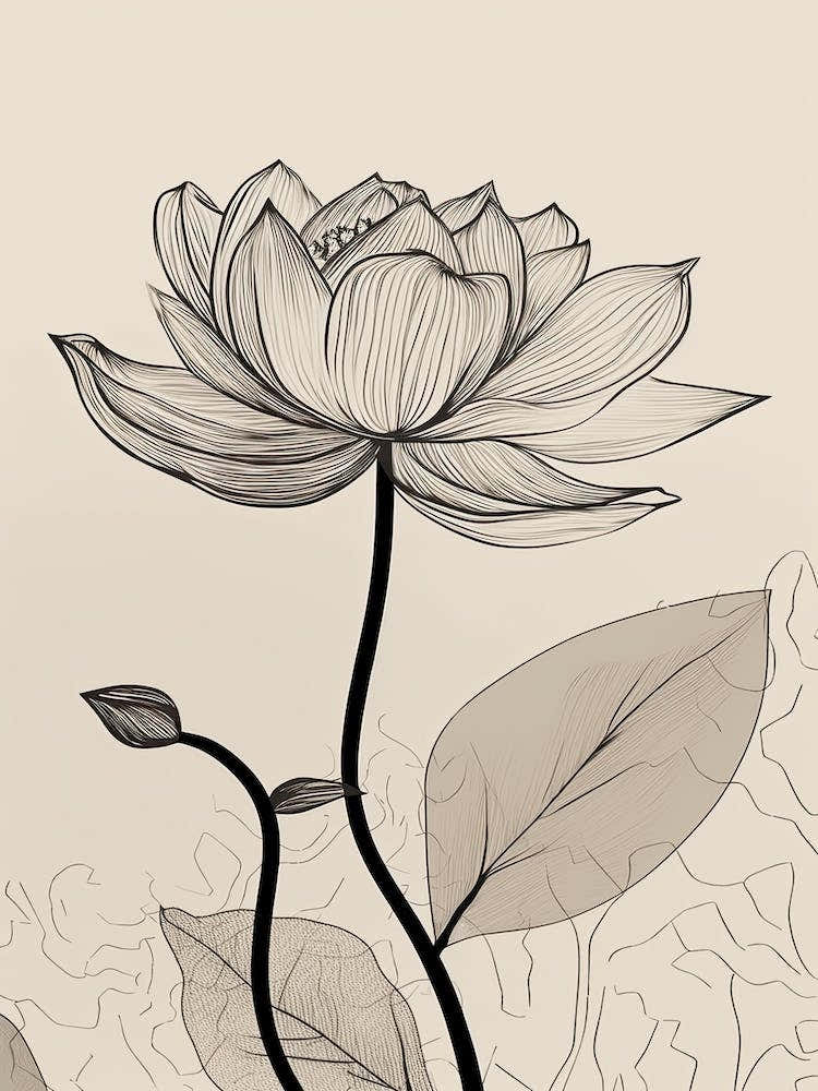 Line Art Lotus Flowers Illustration Neutral 15