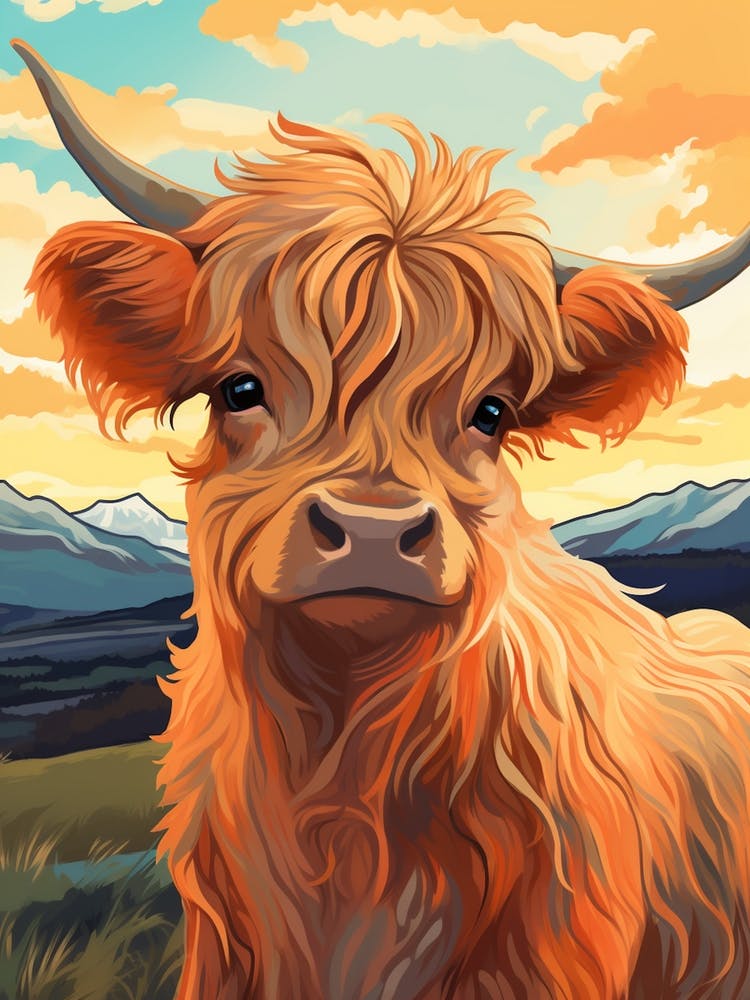 Digital Painting Of A Highland Cow At Sunrise