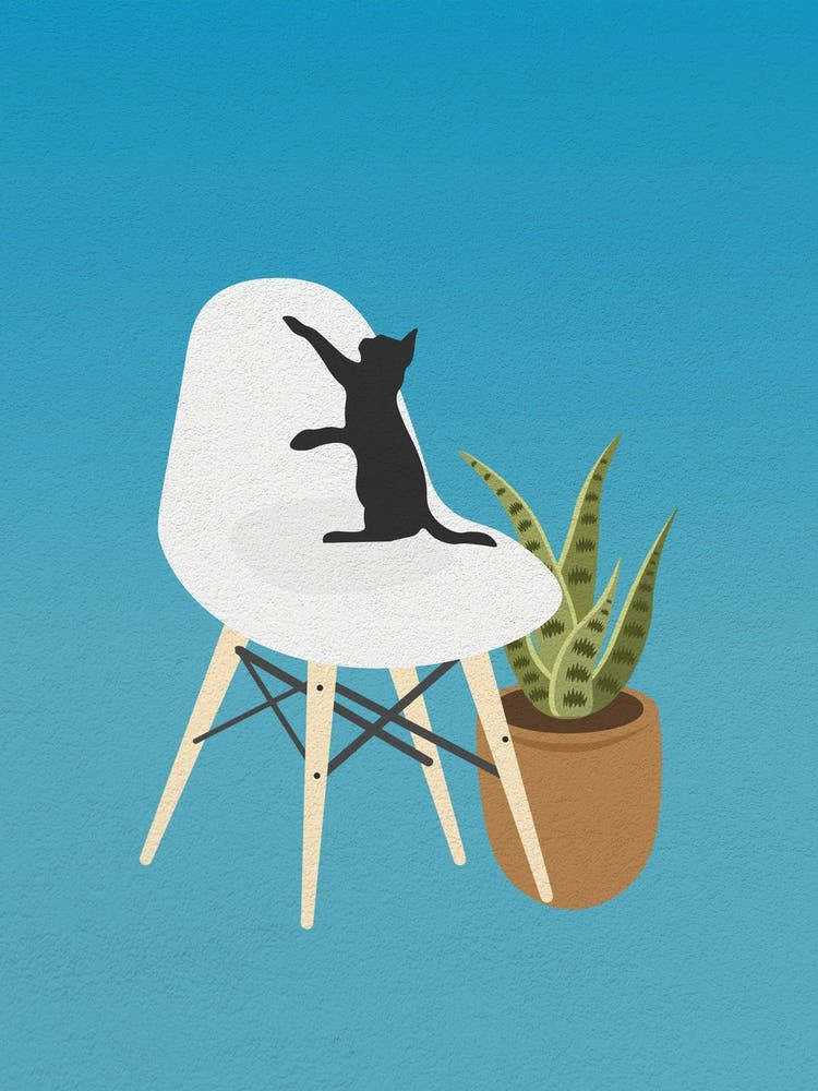 Minimal art of a cat playing on a chair