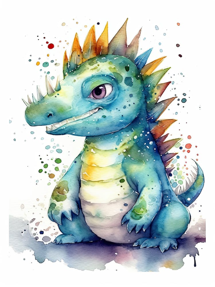 Tsintaosaurus Cute Dinosaur Watercolour 1