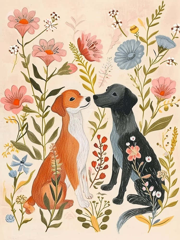 Folksy Floral Animal Drawing Dog 3