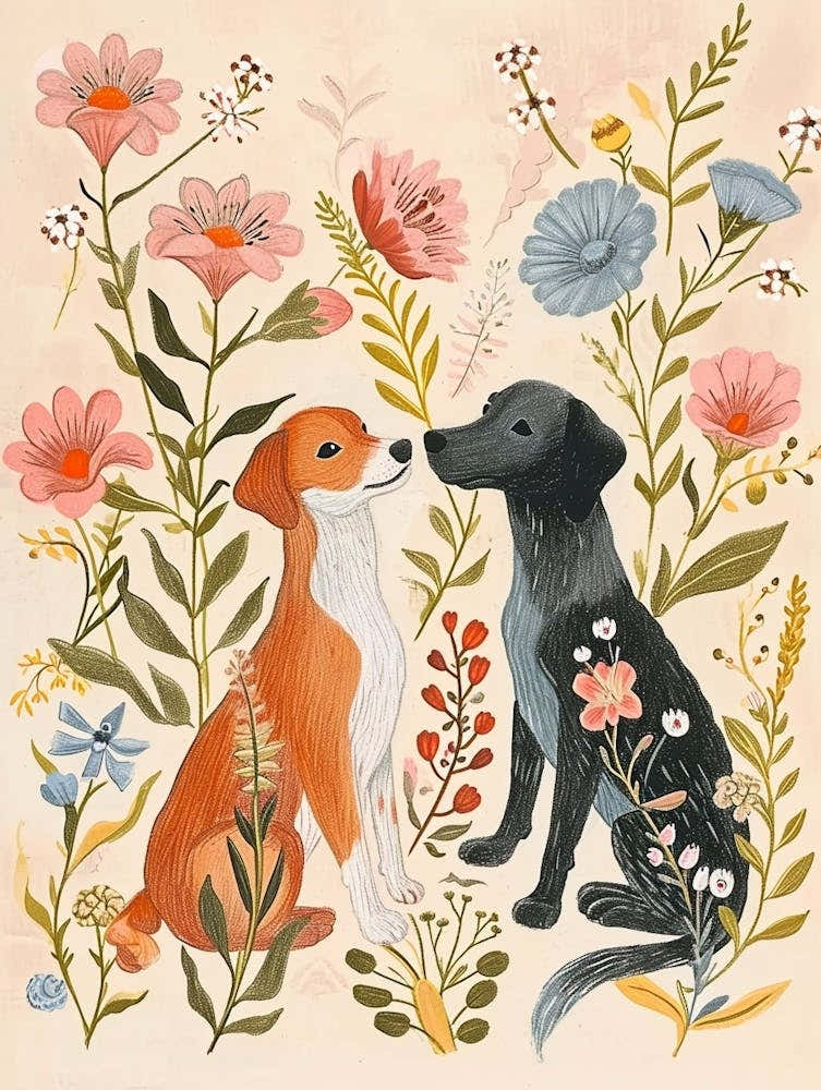 Folksy Floral Animal Drawing Dog 3