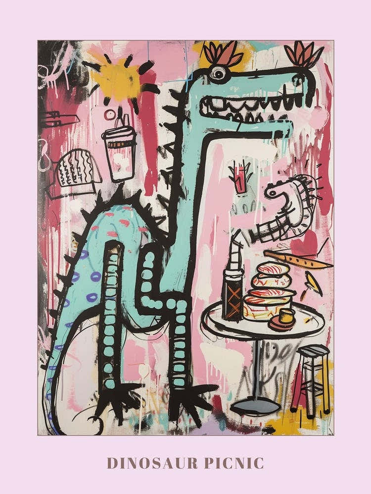 Abstract Pink Blue Graffiti Style Dinosaur Picnic 3 Poster