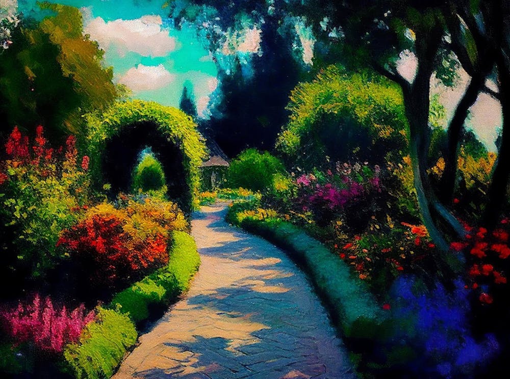 Vintage Flower Garden Painting, Vintage Wall Art, House On Country Lane, Vintage English Cottage Art, Flower Painting, Country Lane