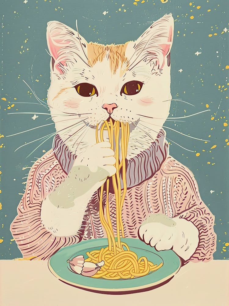 White And Tan Cat Pasta Lover Folk Illustration 1