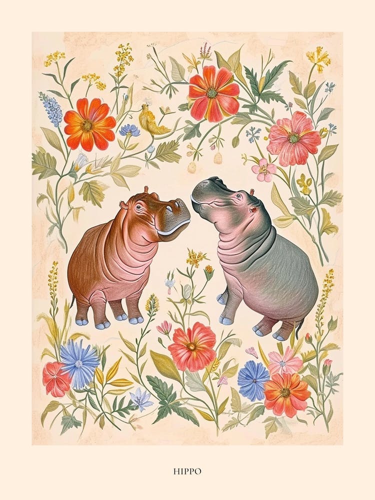 Folksy Floral Animal Drawing Hippo 2 Poster