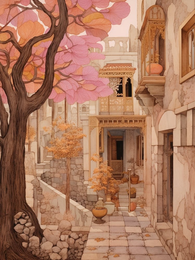 Crete Greece 1 Vintage Pink Travel Illustration