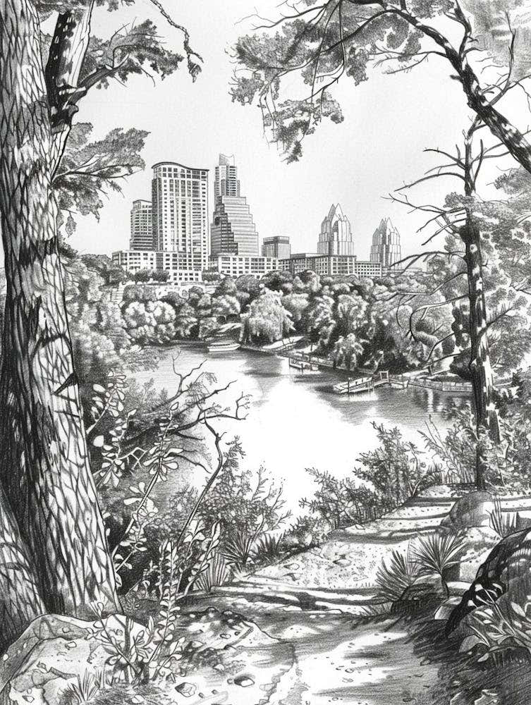 Laguna Gloria Austin Texas Black And White Drawing 3