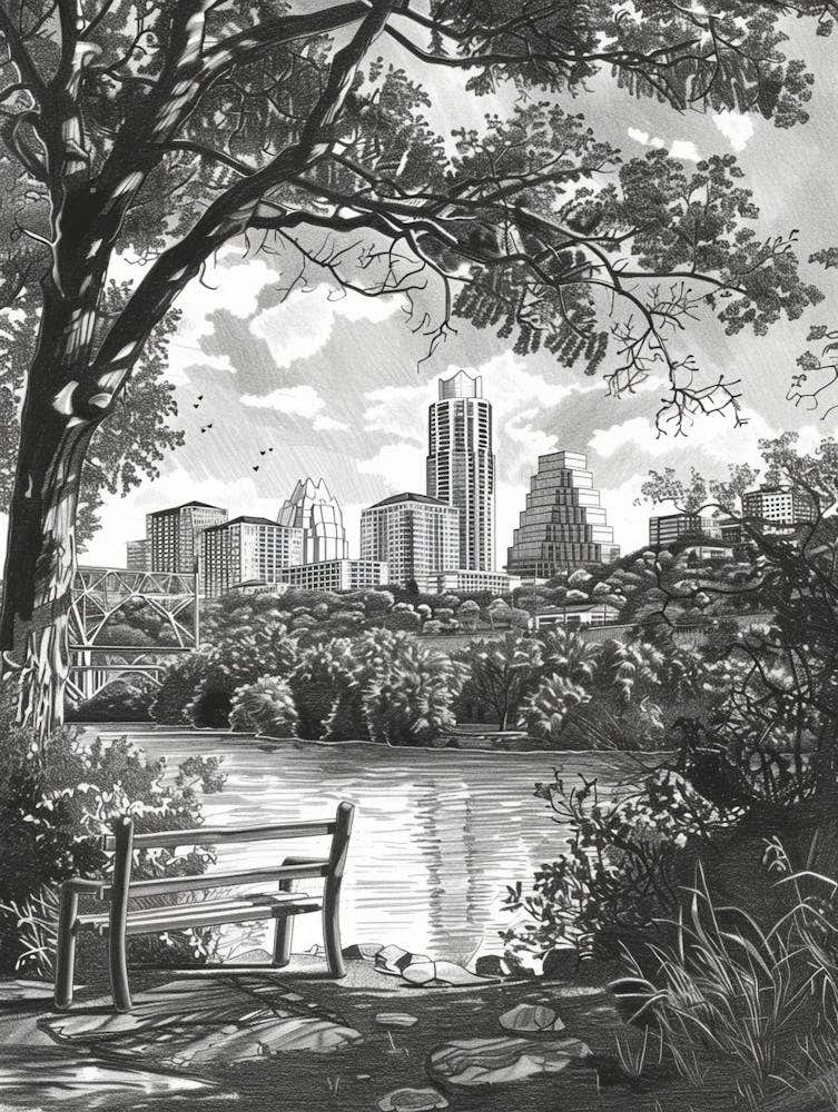 Mount Bonnell Austin Texas Black And White Drawing 3