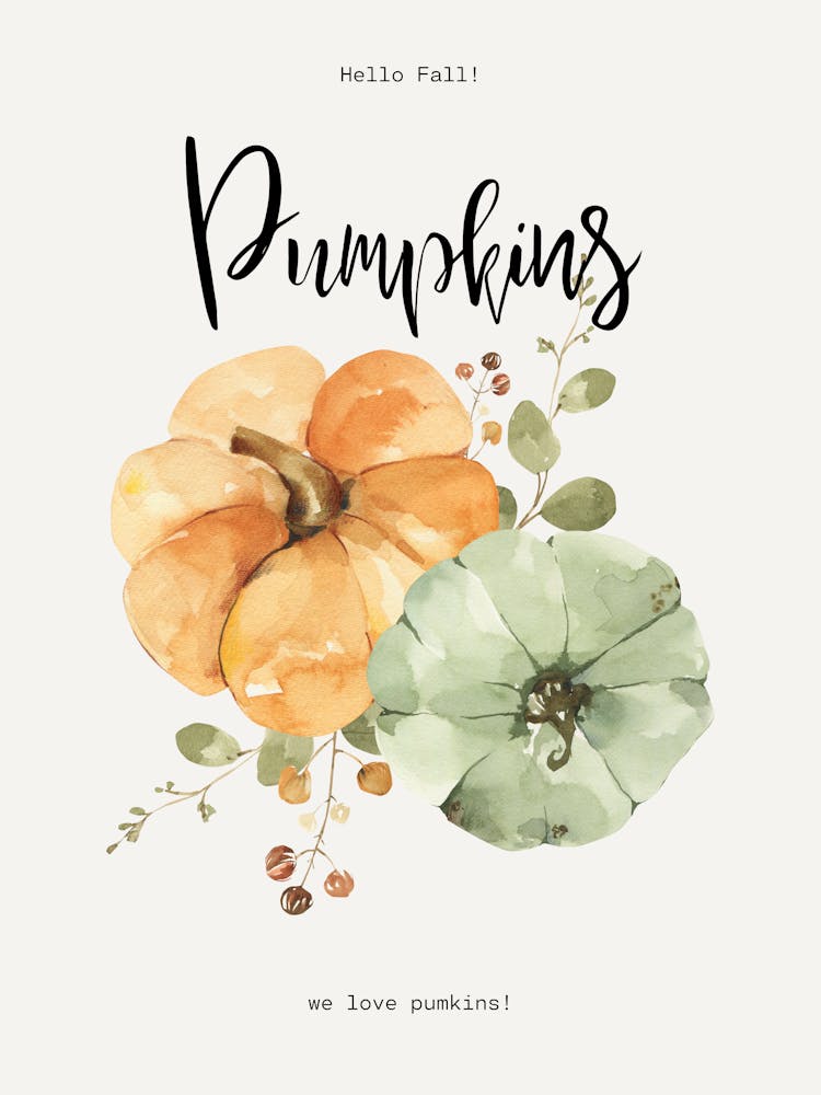 Pumpkin Poster – Fall Wall Art, Watercolor Pumpkin Print, Autumn Kitchen Decor, Halloween Farmhouse Illustration