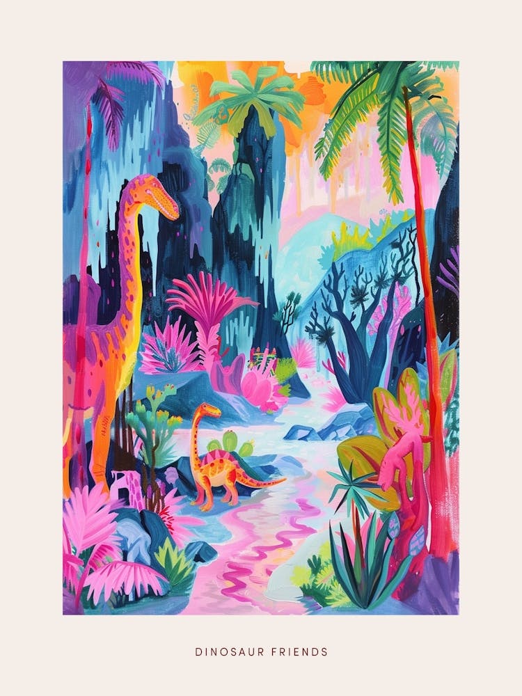 Colourful Dinosaur Friends By The River Poster